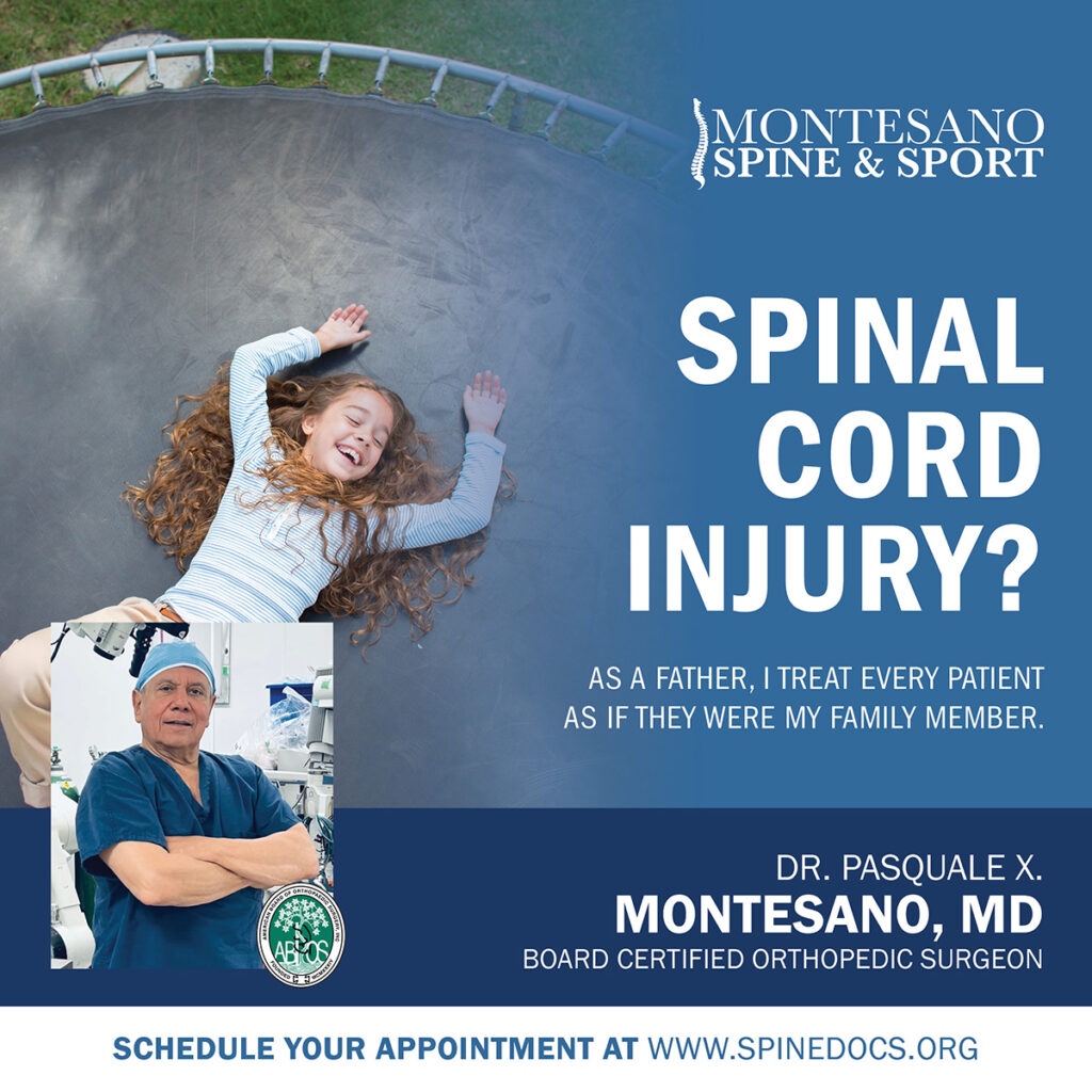 An acute spinal cord injury can be caused by a traumatic injury such as an auto accident, trampoline accident, fall, or sports injury.